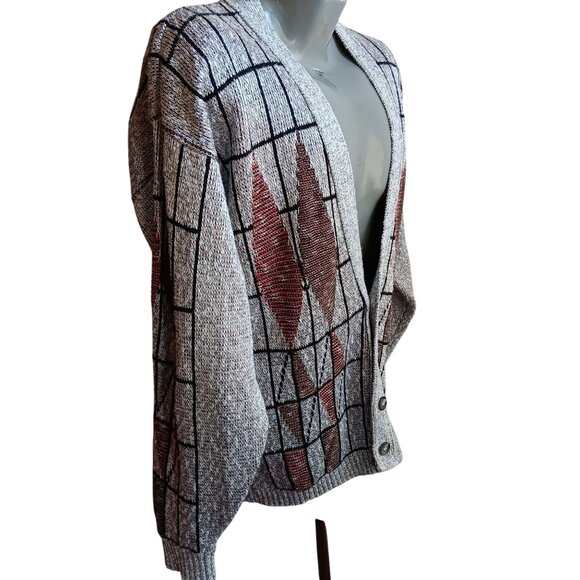 Vintage Men's Cardigan Sweater Large 1990's Ugly Geometric Silver Rayon/Cotton - Picture 3 of 9